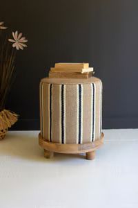Natural Striped Jute Footstool w/Wooden Base
