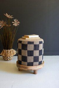 Checkered Jute Footstool w/Wooden Base