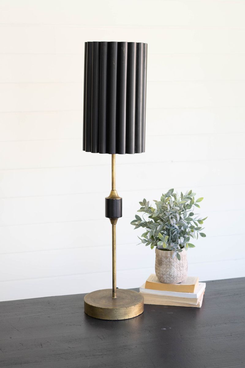 Antique Gold Table Lamp w/Fluted Black Metal Shade