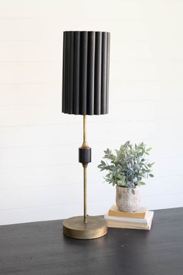 Antique Gold Table Lamp w/Fluted Black Metal Shade