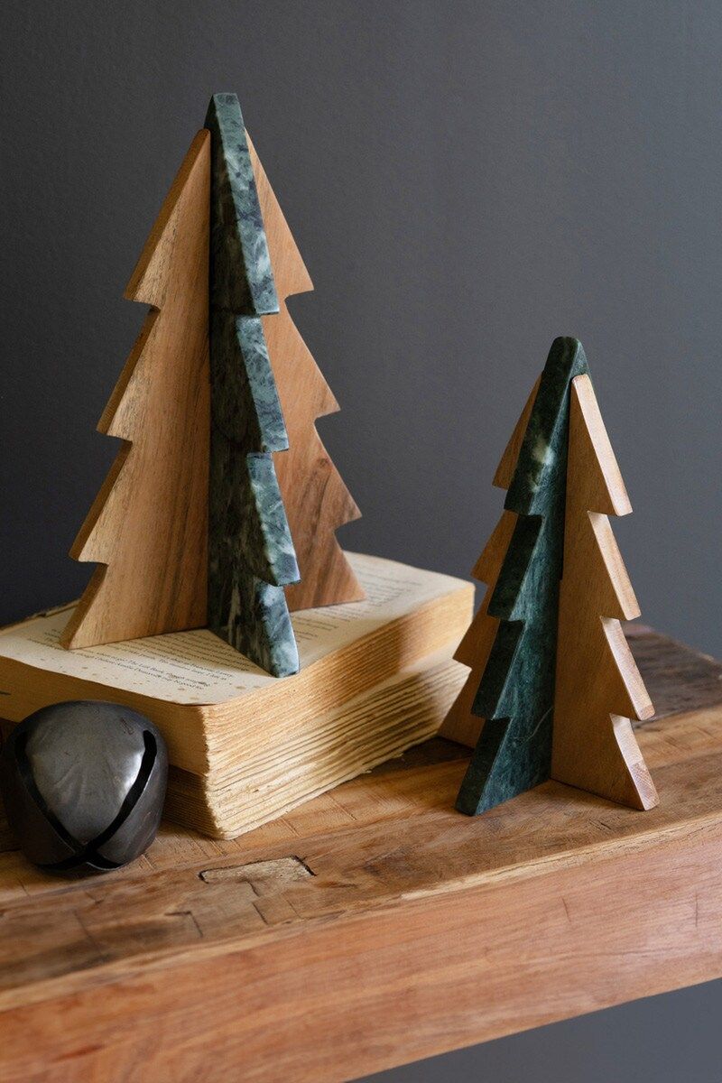 Green Marble &amp; Acacia Wood Christmas Tree Lg