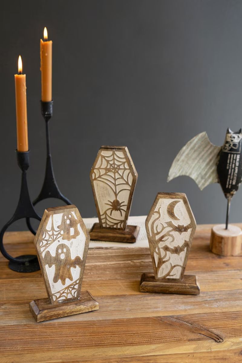 Carved Wooden Halloween Coffin Scene - Ghost