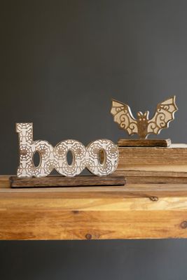 Carved Wooden Halloween Table Top Boo