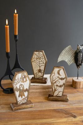Carved Wooden Halloween Coffin Scene - Spider