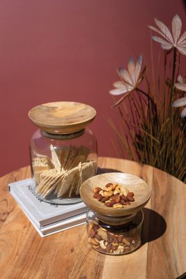 Glass Canister w/Wooden Bowl Lid Lg