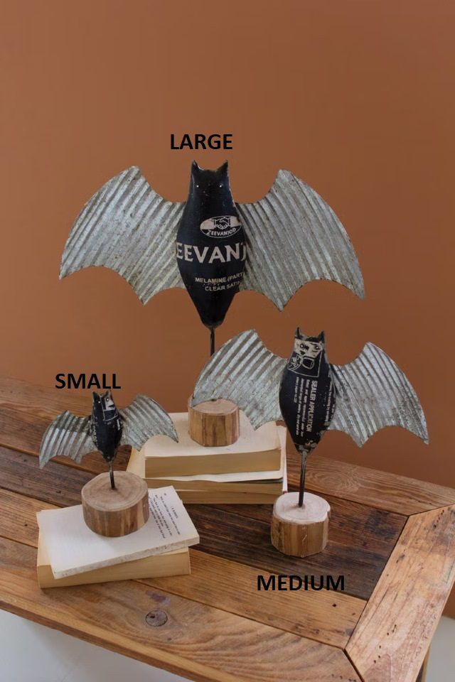 Metal Halloween Bat on Wooden Base Lg