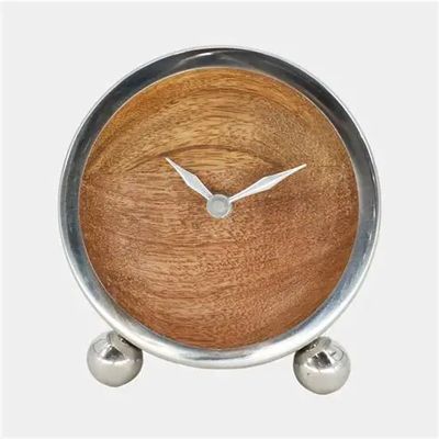 Round Wood Face Table Clock, Silver 5&quot;
