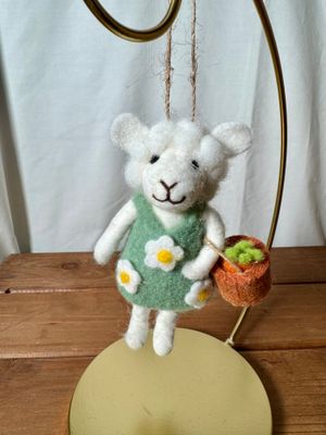 Felt Lamb in Green Floral Dress w/Carrot Basket Felt Lamb in Green Floral Dress w/Carrot Basket