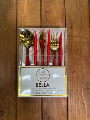 Bella Cutlery Gold Flatware/Red Handle - 24 Piece