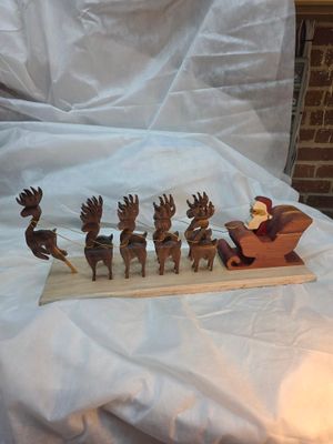 Hand Carved Reindeer, Sleigh, and Santa Display - Dark Brown