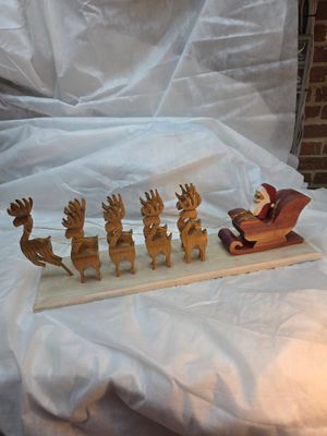 Hand Carved Reindeer, Sleigh, and Santa Display - Light Brown