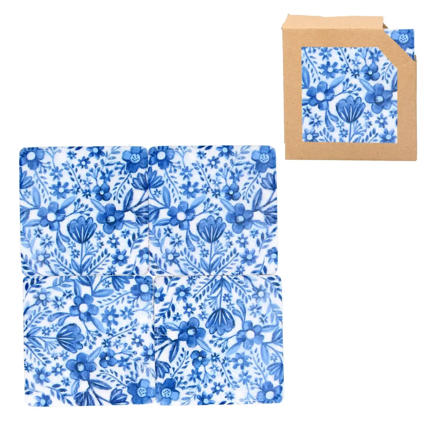 Set/4 Indigo Folk Floral Resin Coasters - 4x4in Set/4 Indigo Folk Floral Resin Coasters - 4x4in