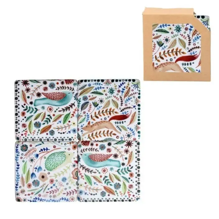 Set/4 Folk Woodland Animals Coasters - 4x4in Set/4 Folk Woodland Animals Coasters - 4x4in