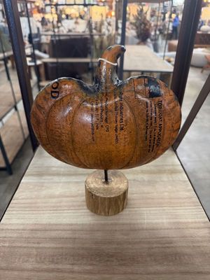 Recycled Metal Pumpkin on Wooden Base Lg