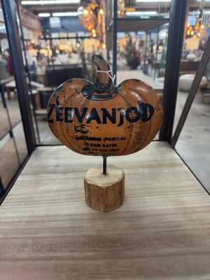 Recycled Metal Pumpkin on Wooden Base Med