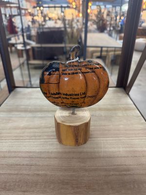 Recycled Metal Pumpkin on Wooden Base Sm