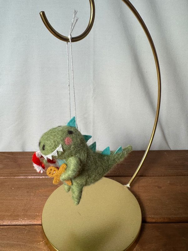 Felt Green Dino w/Candy Cane Ornament