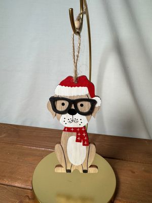 Wooden Dog w/Glasses Ornament I