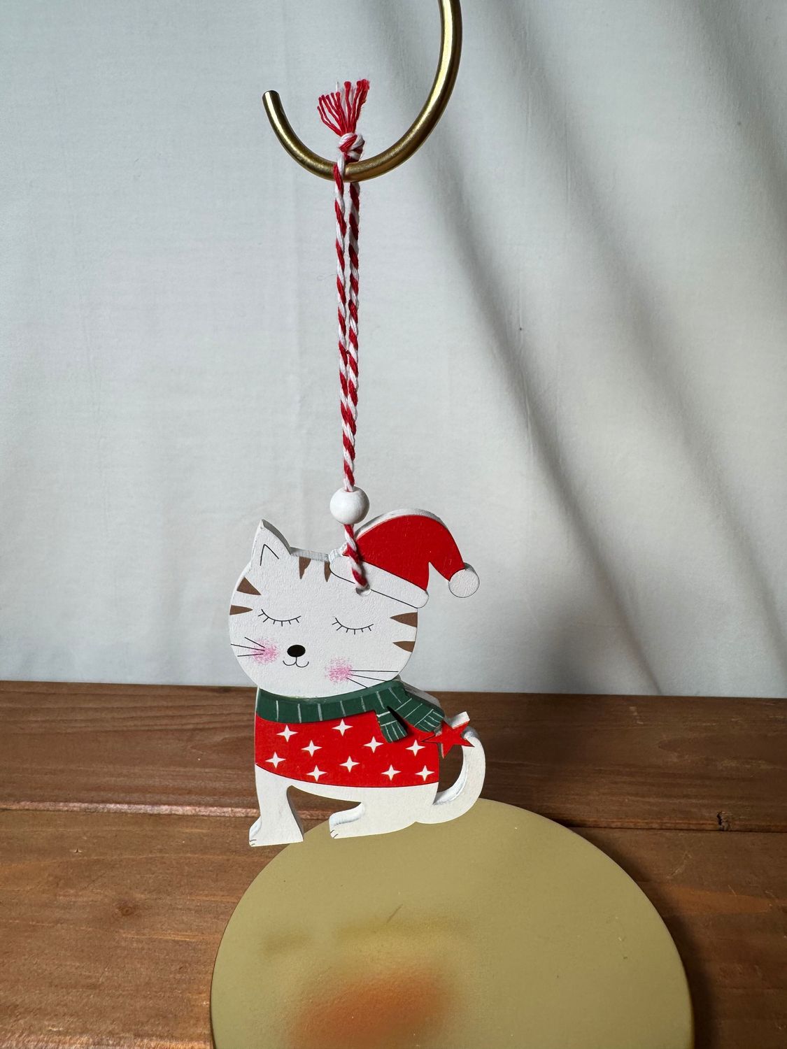 Wooden Cat Ornament - Red Sweater