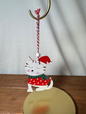 Wooden Cat Ornament - Red Sweater