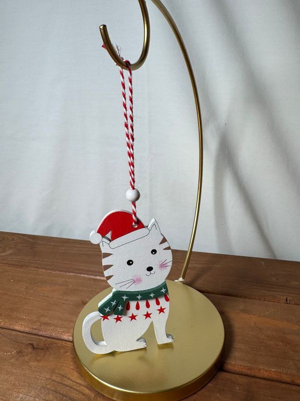 Wooden Cat Ornament - White Sweater