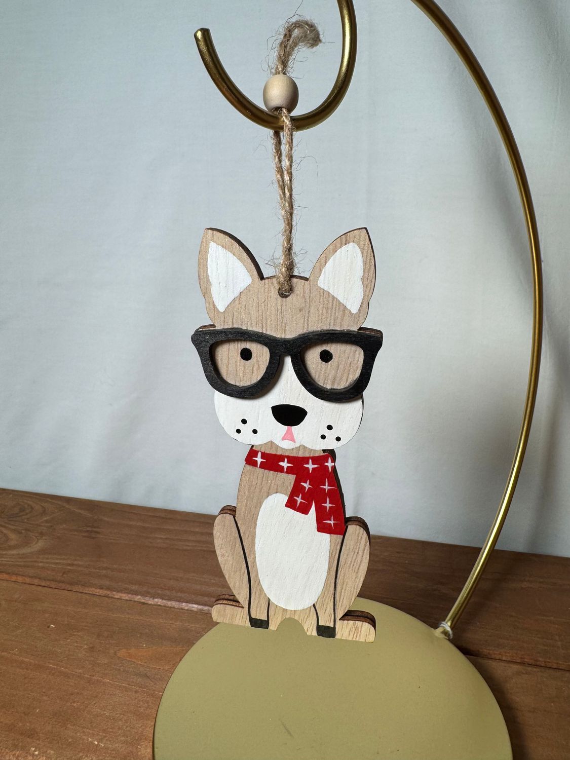 Wooden Dog w/Glasses Ornament II