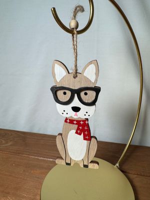 Wooden Dog w/Glasses Ornament II