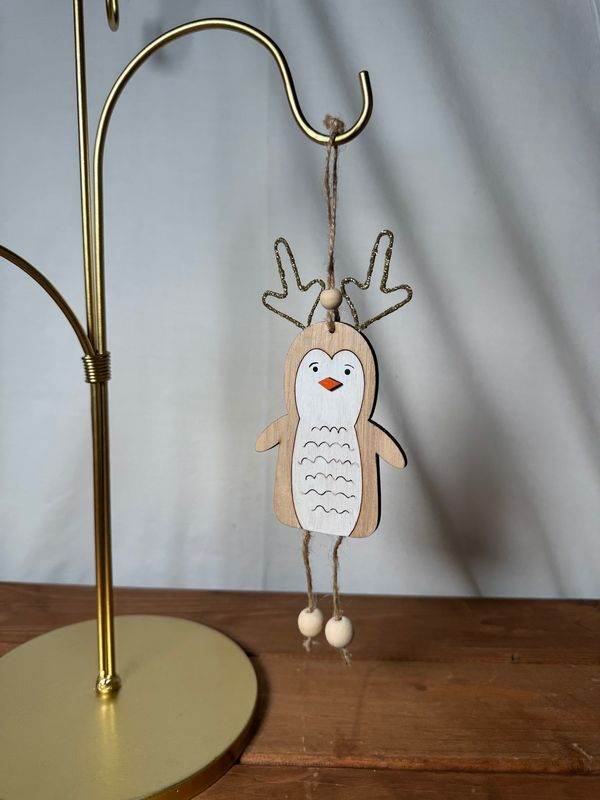 Wooden Penguin w/Antlers Ornament