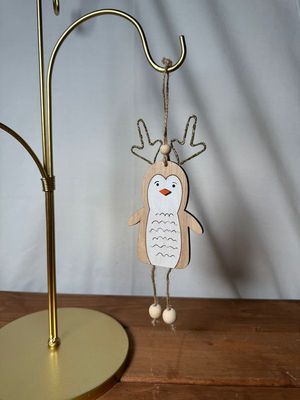 Wooden Penguin w/Antlers Ornament