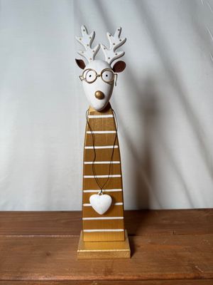 Gold &amp; White Wooden Reindeer w/Glasses Lg