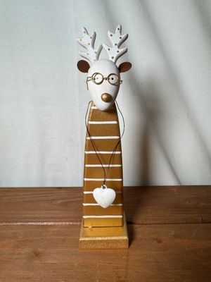 Gold &amp; White Wooden Reindeer w/Glasses Sm