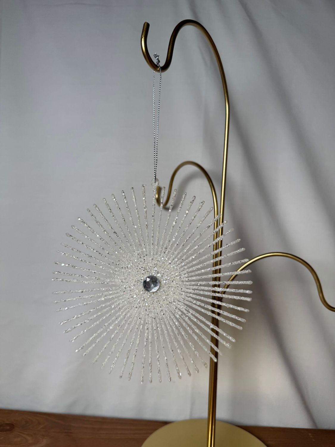 Round White Glitter Starburst Ornament Sm