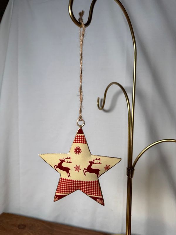 Red &amp; White Reindeer Metal Star Ornament