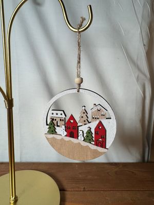 Round Wooden Christmas Village Scene Ornament