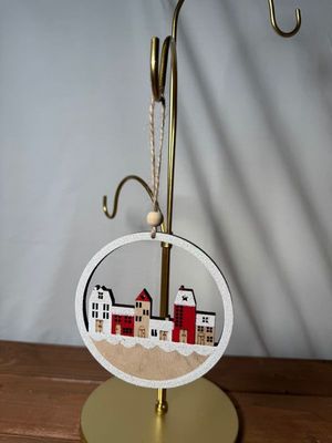 Round Wooden Village Scene Ornament