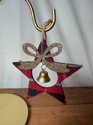 Wooden Plaid Star w/Bell Ornament