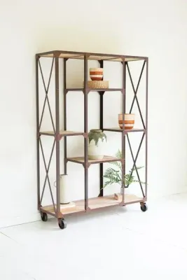 Iron &amp; Wood Display Alternating Shelves &amp; Iron Casters
