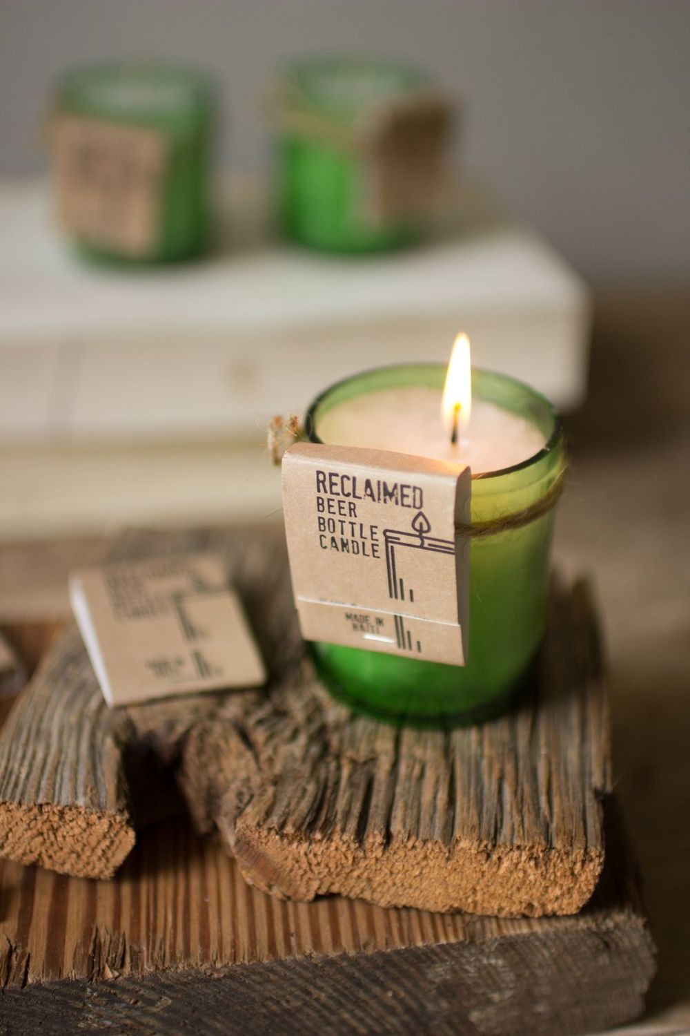 Recycled Green Glass Beer Bottle Candle w/Matchbook