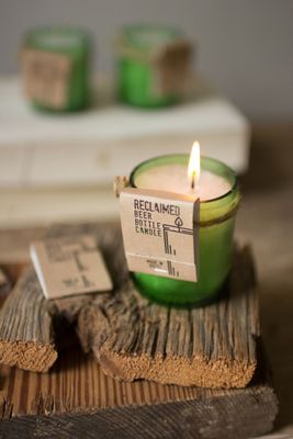 Recycled Green Glass Beer Bottle Candle w/Matchbook
