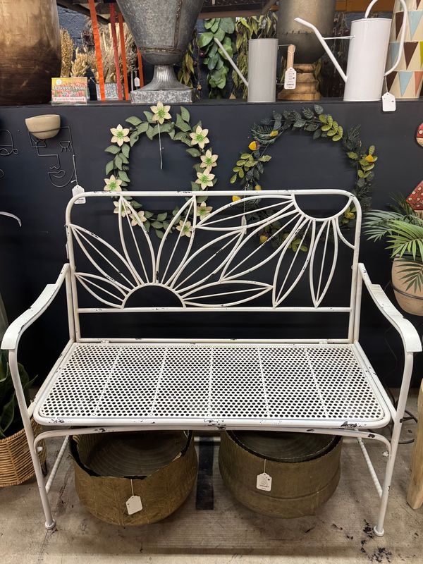 Antique White Metal Bench w/Flowers