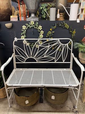 Antique White Metal Bench w/Flowers