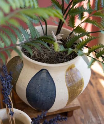 Ceramic Urn - Blue, Mustard &amp; Green Detail - Lg