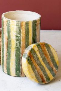 Ceramic Canister w/Olive &amp; Tobacco Stripes Sm
