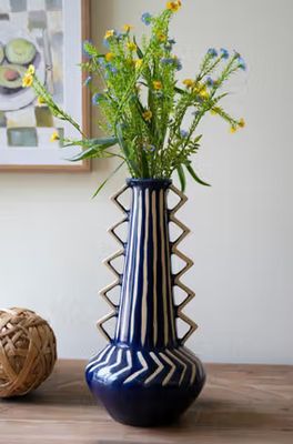 Tall Ceramic Vase w/Zig-Zag Handles - Blue