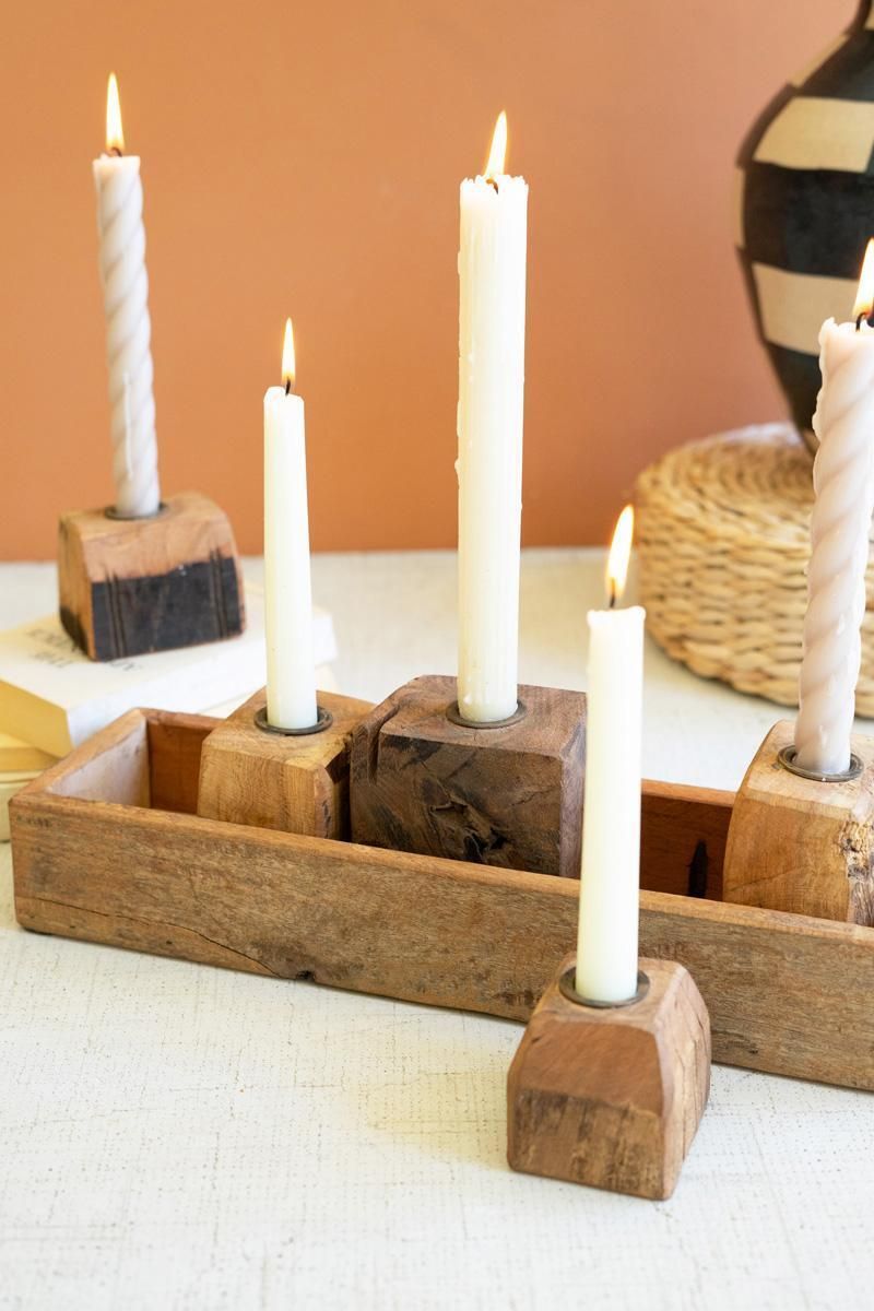 Five Recycled Wood Taper Candle Holders in Wooden Tray Five Recycled Wood Taper Candle Holders in Wooden Tray