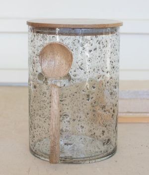 Glass Canister w/Wood Top and Spoon - 10" Tall Glass Canister w/Wood Top and Spoon - 10" Tall