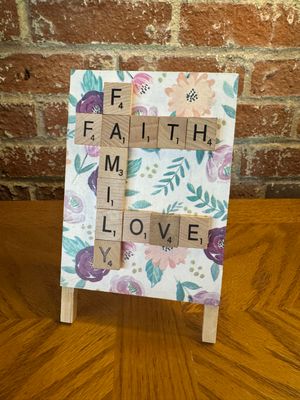 Family/Faith/Love Scrabble Easel 4.5"L x 7"H Family/Faith/Love Scrabble Easel 4.5"L x 7"H