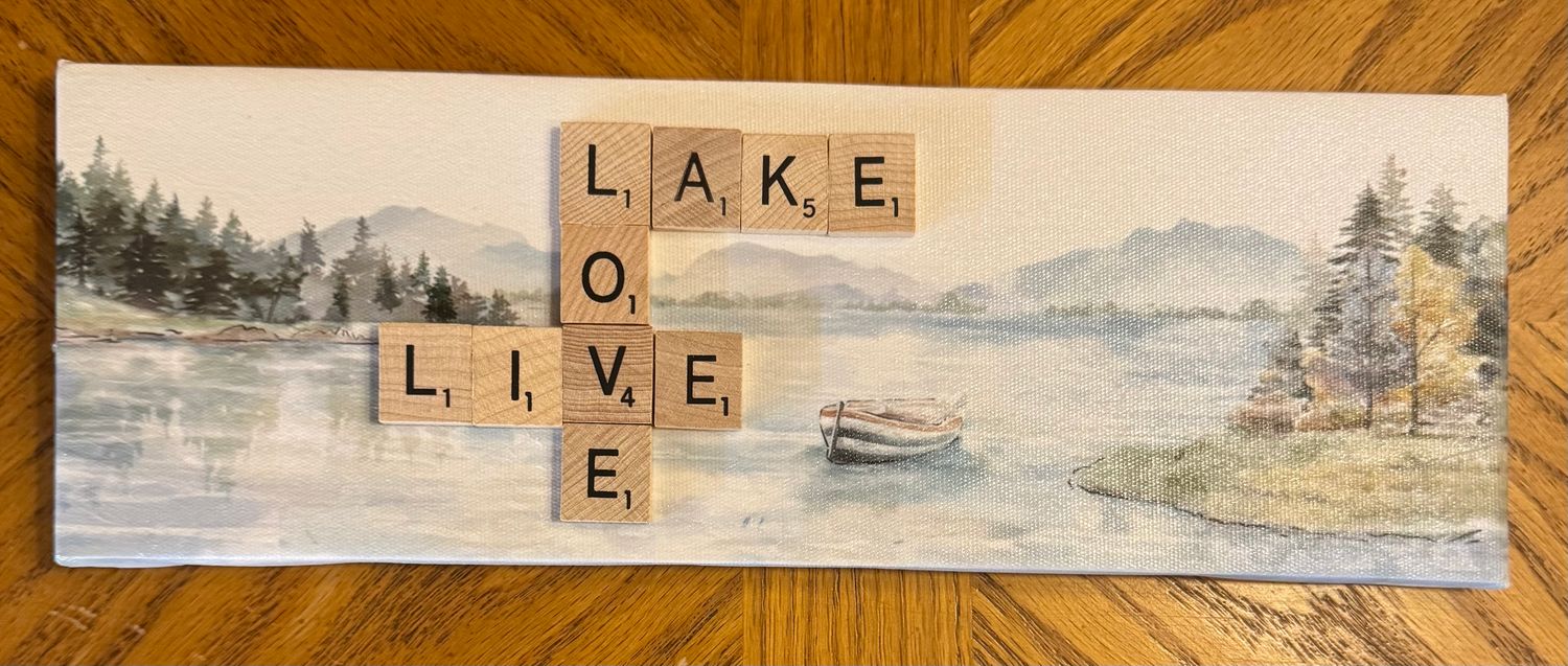 Lake/Love/Live Scrabble Canvas Wall Plaque 12"L x 4"H Lake/Love/Live Scrabble Canvas Wall Plaque 12"L x 4"H