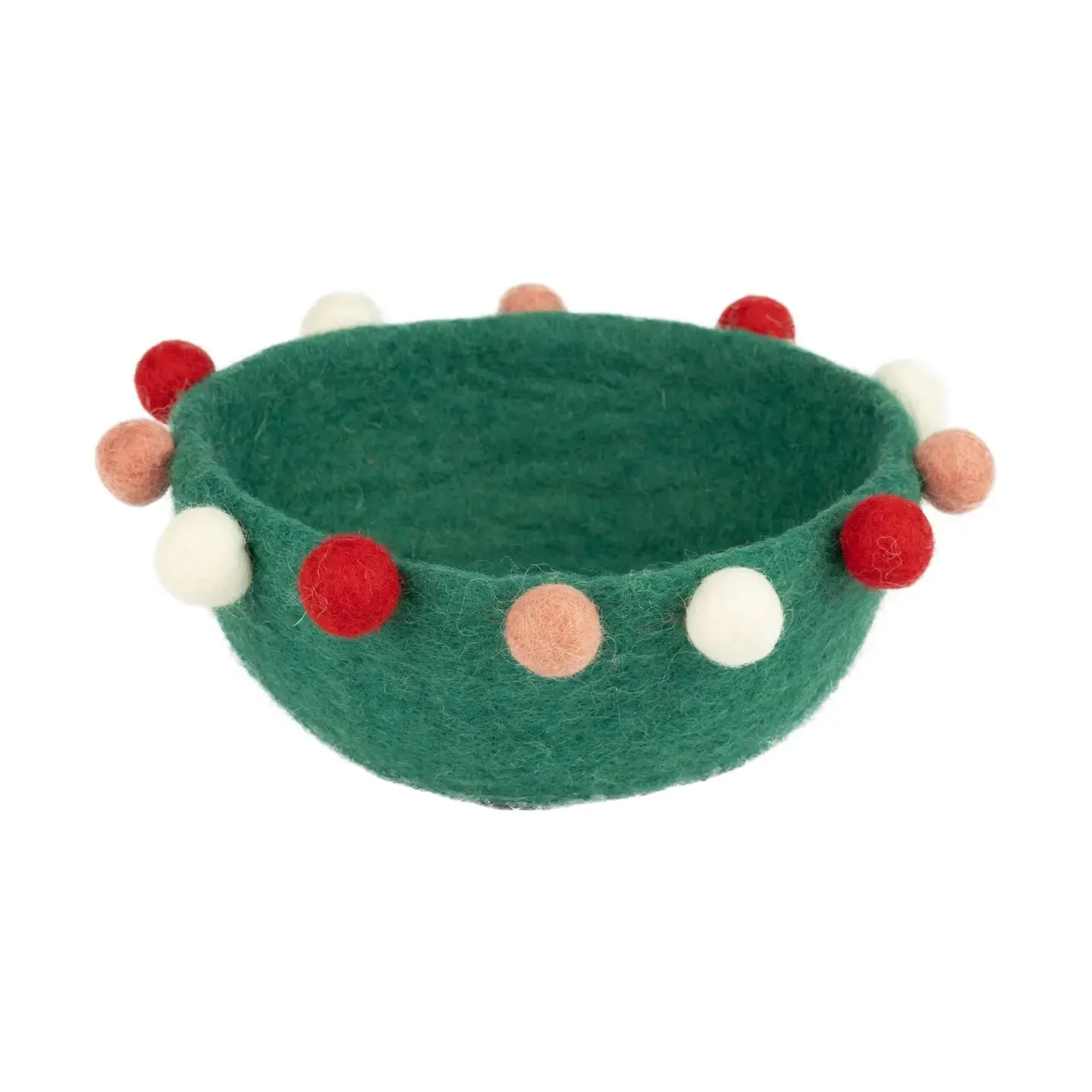 Felt Bowl - Green, Red, Pink & White Pompom Trim Felt Bowl - Green, Red, Pink & White Pompom Trim