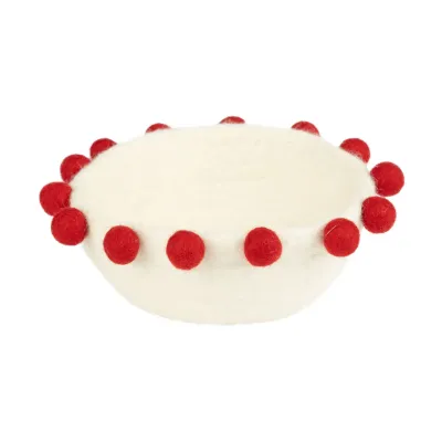 Felt Bowl - White & Red Pompom Trim Felt Bowl - White & Red Pompom Trim